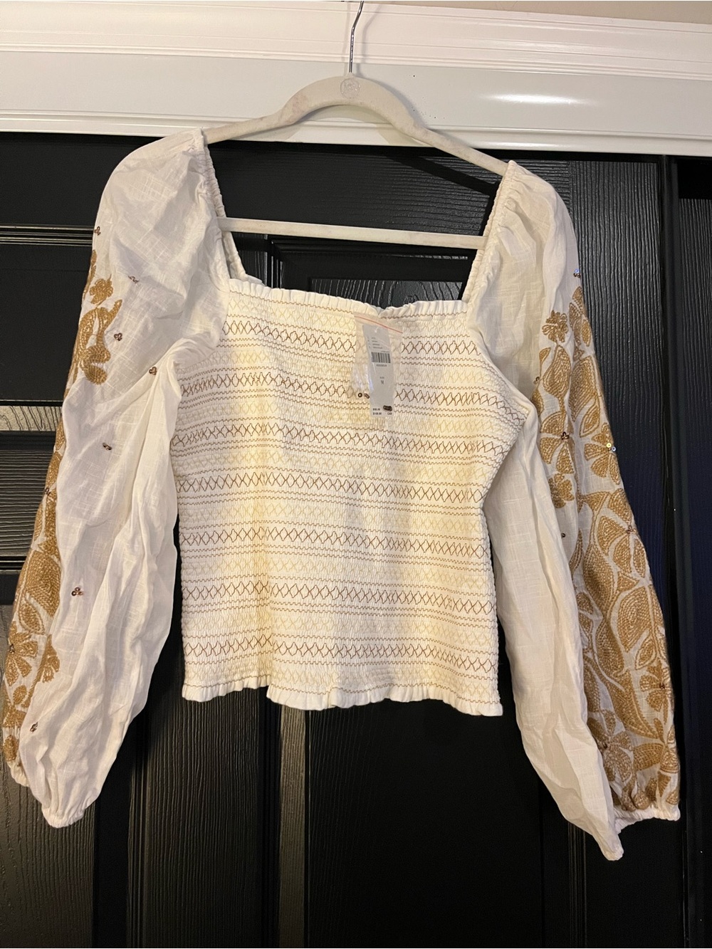 Anthropologie White Smocked Top with Gold Embroidered Balloon Sleeves